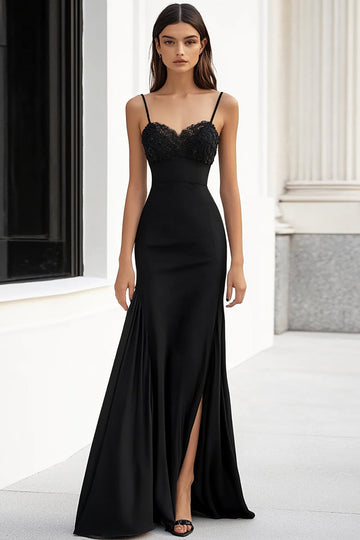 Black Spaghetti Straps Sheath Long Formal Dress with Lace